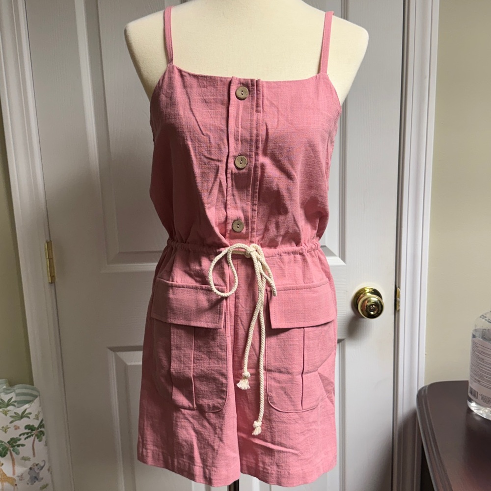 Pink Button-Front Romper with Pockets
